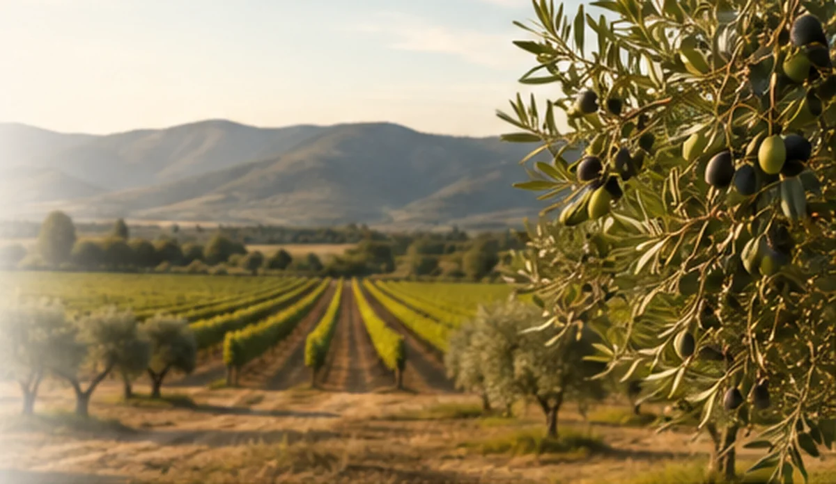 Paisaje agrícola mediterráneo con olivos y cultivos